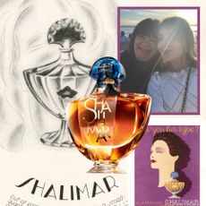 collage of guerlain shalimar ads through the years with a picture of a girl and her grandmother
