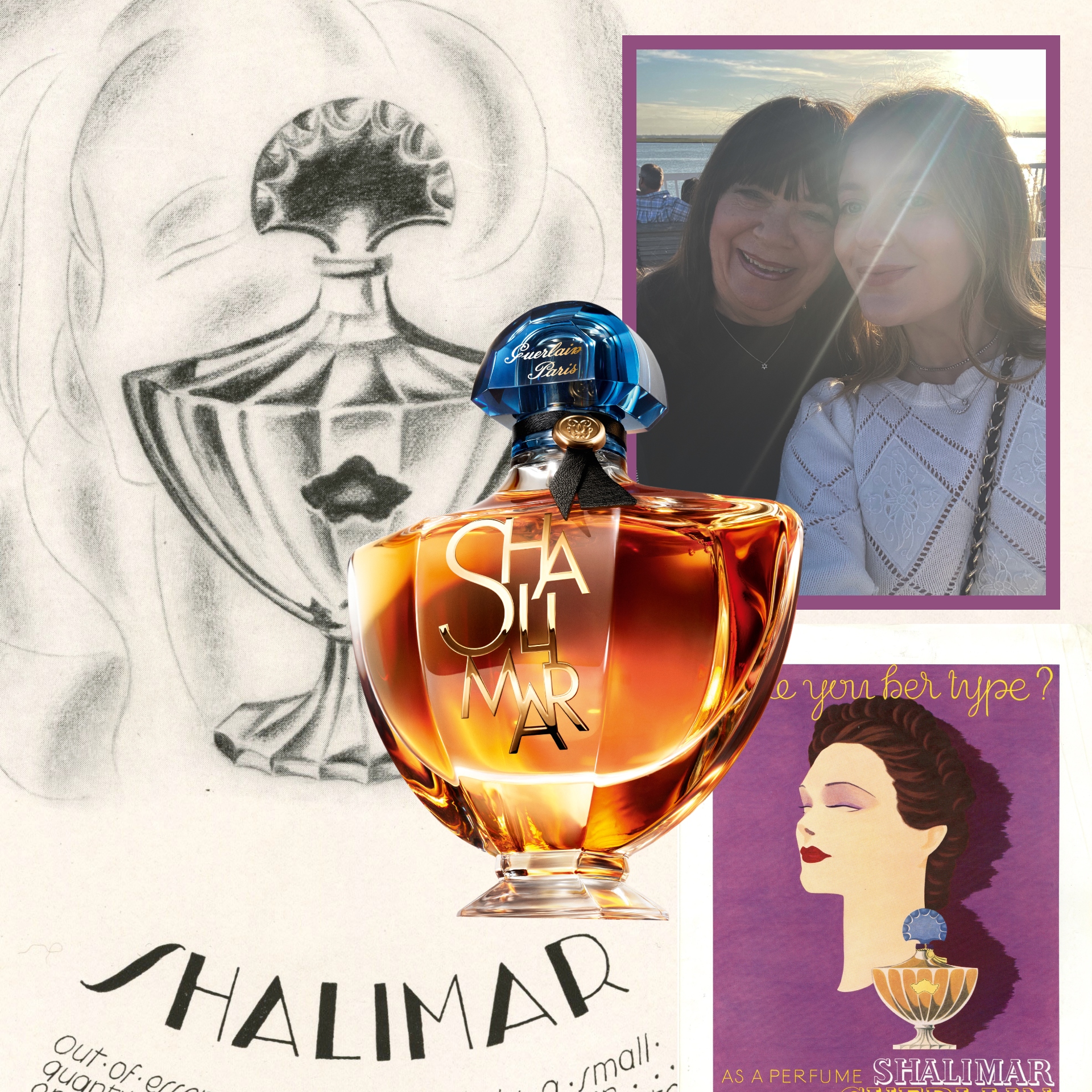 collage of guerlain shalimar ads through the years with a picture of a girl and her grandmother