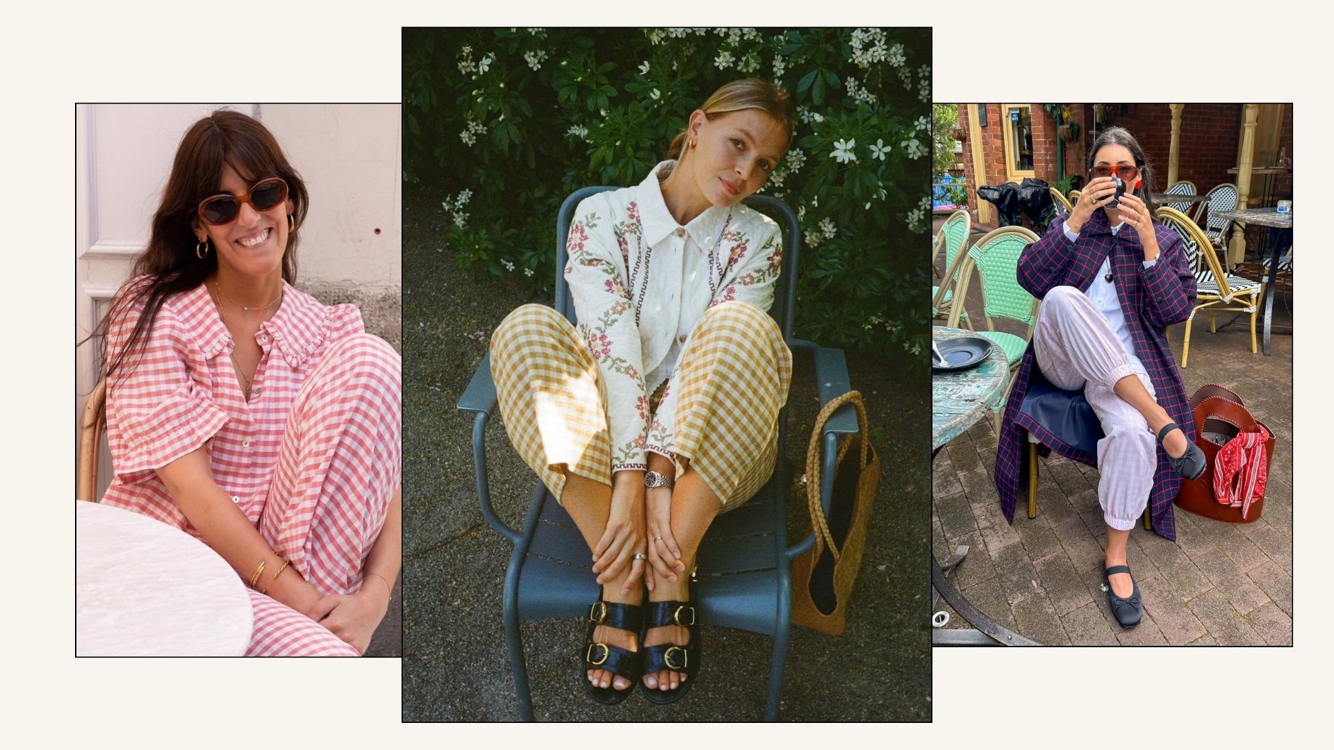 Influencer wears yellow gingham trousers with a white, floral embroidered shirt and gold-buckle sandals.