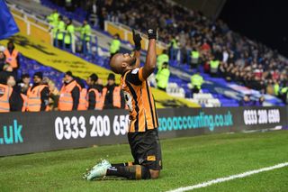 Oscar Estupinan of Hull City celebrates scoring their first goal during the Sky Bet Championship match between Birmingham City and Hull City at St Andrew's Trillion Trophy Stadium on December 30, 2022 in Birmingham, England.