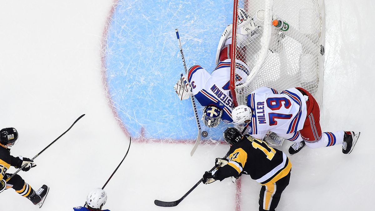 Igor Shesterkin #31 of the New York Rangers makes a save against Bryan Rust #17 of the Pittsburgh Penguins in Game Four of the First Round of the 2022 Stanley Cup Playoffs at PPG PAINTS Arena on May 9, 2022 in Pittsburgh, Pennsylvania.