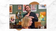 Michael Douglas shown styling the hair of woman&home lifestyle editor Tamara who has a blonde bob, in a green room with paintings on the wall