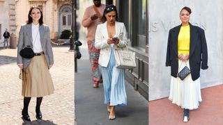 Women showing how to style a blazer with a pleated skirt