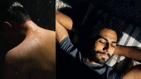 An image of a man showring in the dark next to an image of a man sleeping peacefully in bed