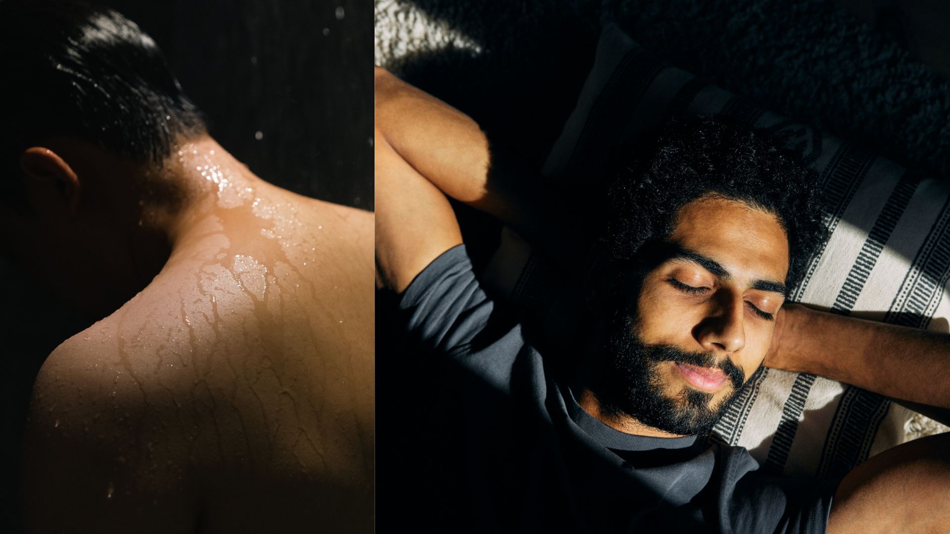 An image of a man showring in the dark next to an image of a man sleeping peacefully in bed