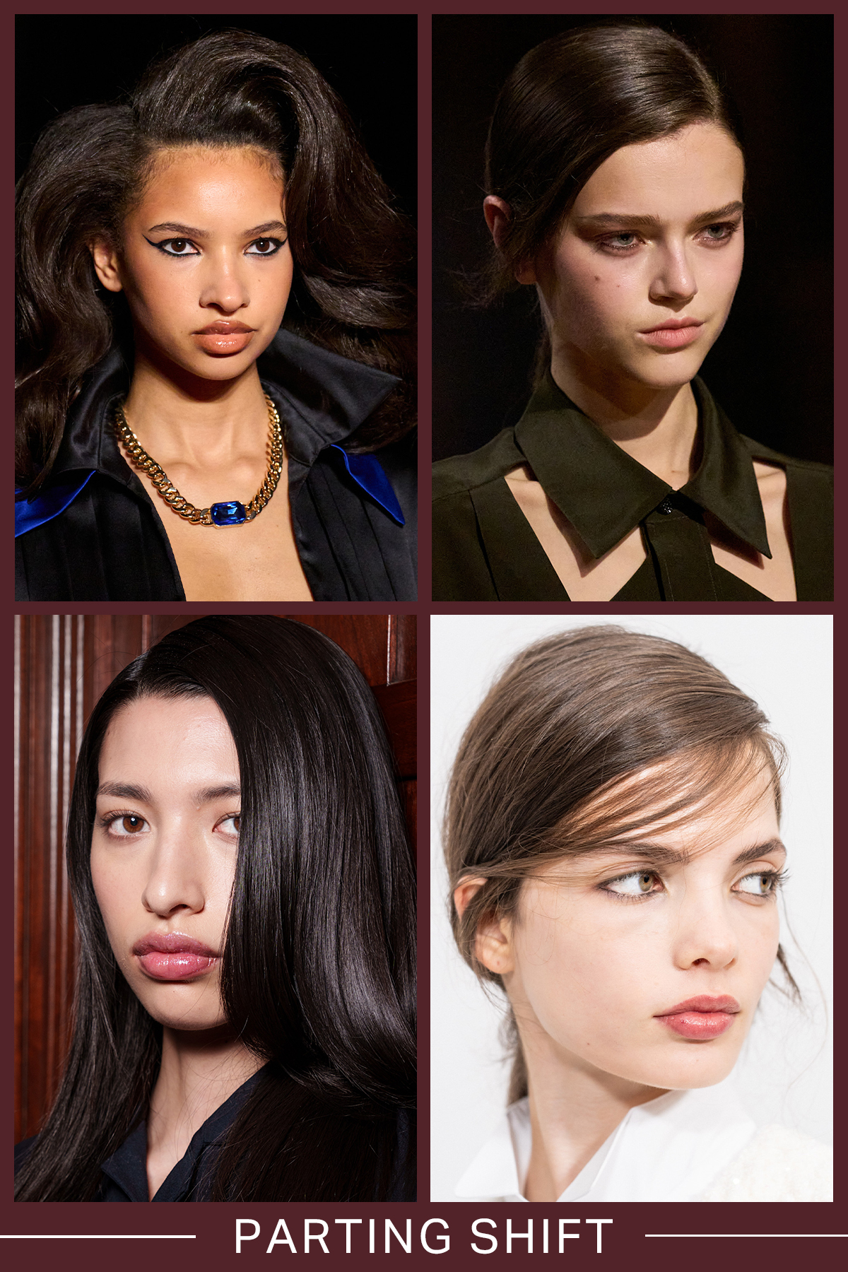 A collage of side parting hairstyle looks from the AW26 runways