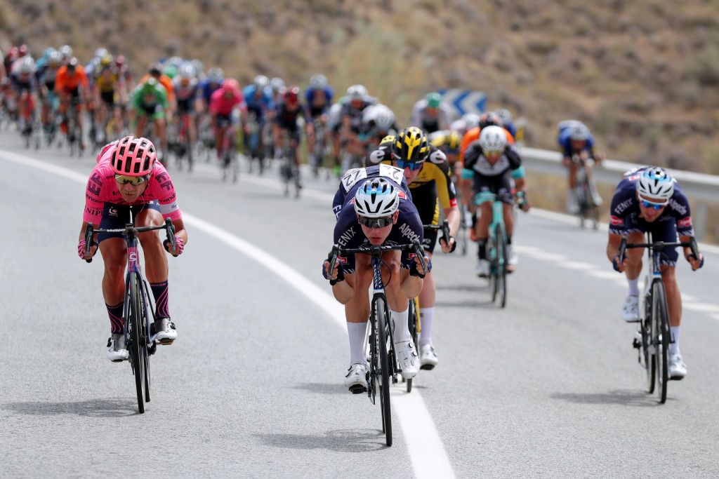 VELEFIQUE SPAIN AUGUST 22 LR Magnus Cort Nielsen of Denmark and Team EF Education Nippo and Tobias Bayer of Austria and Team AlpecinFenix compete during the 76th Tour of Spain 2021 Stage 9 a 188 km stage from Puerto Lumbreras to Alto de Velefique 1800m lavuelta LaVuelta21 on August 22 2021 in Velefique Spain Photo by Gonzalo Arroyo MorenoGetty Images