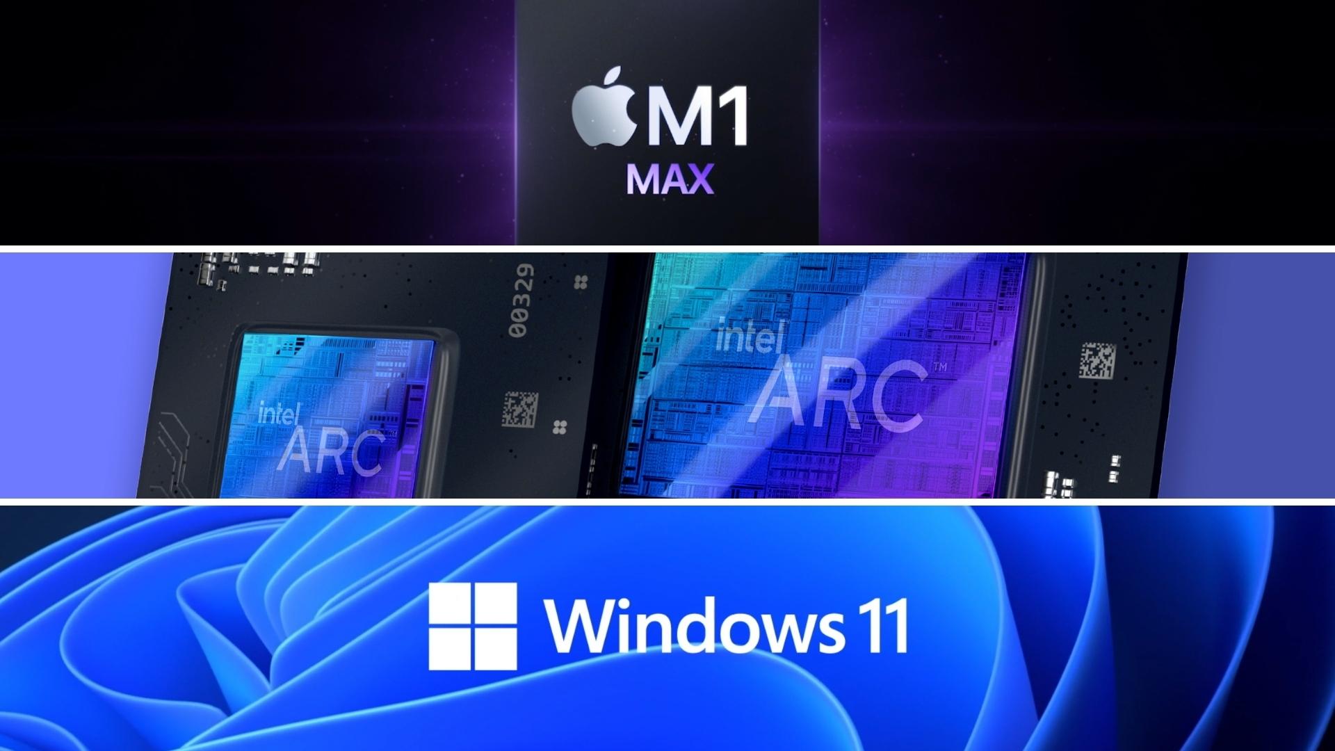 composite image show logos for Apple M1 Max, Intel Arc Alchemist and Windows 11