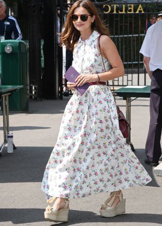 Jenna Coleman wears a floral maxidress fo Wimbledon 2018
