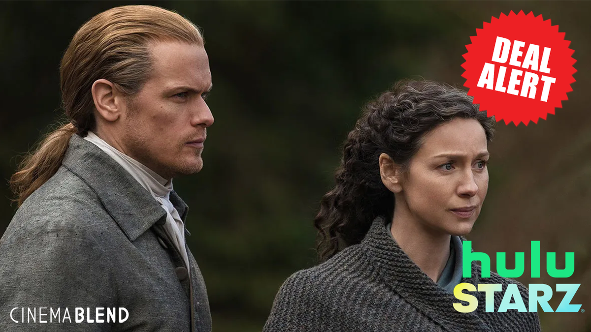 Outlander cast Sam Heughan as Jamie Fraser and Caitriona Balfe as Claire Fraser, overlayed with Hulu and Starz logo