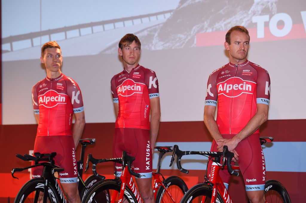 Tony Martin, far left, is presented as one of three key riders for Katusha-Alpecin in 2017