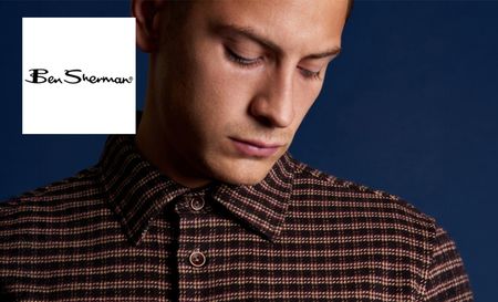 Ben Sherman logo top left with a man looking down at his checkered shirt