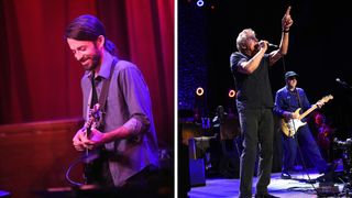 Left-Andrew Synowiec of the SRT Band with Tom Scott perform in concert at Birdland Jazz Club on July 22, 2023 in New York City; Right-Roger Daltrey and Pete Townshend of The Who perform onstage at Northwell Health at Jones Beach Theater on September 15, 2019 in Wantagh, New York