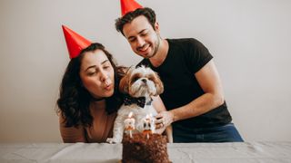Couple with dog celebrating birthday