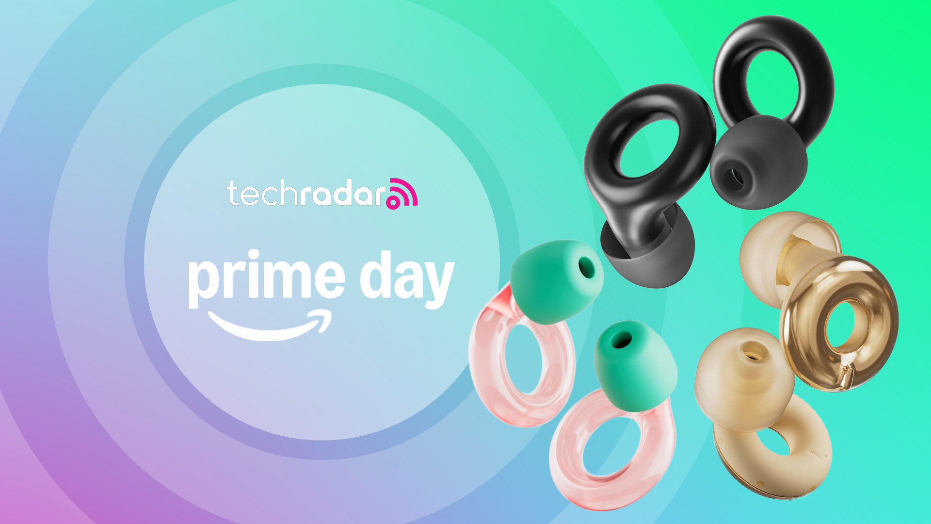 Three pairs of Loop earplugs are arranged in a circled next to white text which reads &quot;Tech Radar Prime Day&quot;.