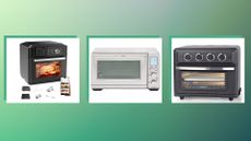 Compilation image of three of the best toaster oven air fryer models on a green background