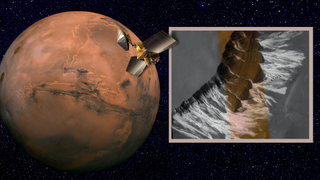 At left, an illustration of a spacecraft in orbit around Mars. At right, a spacecraft photo of icy gullies on Mars.