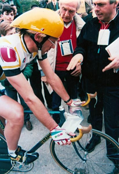 Laurent Fignon at the start of a time trial stage in the 1986 Tirreno-Adriatico.