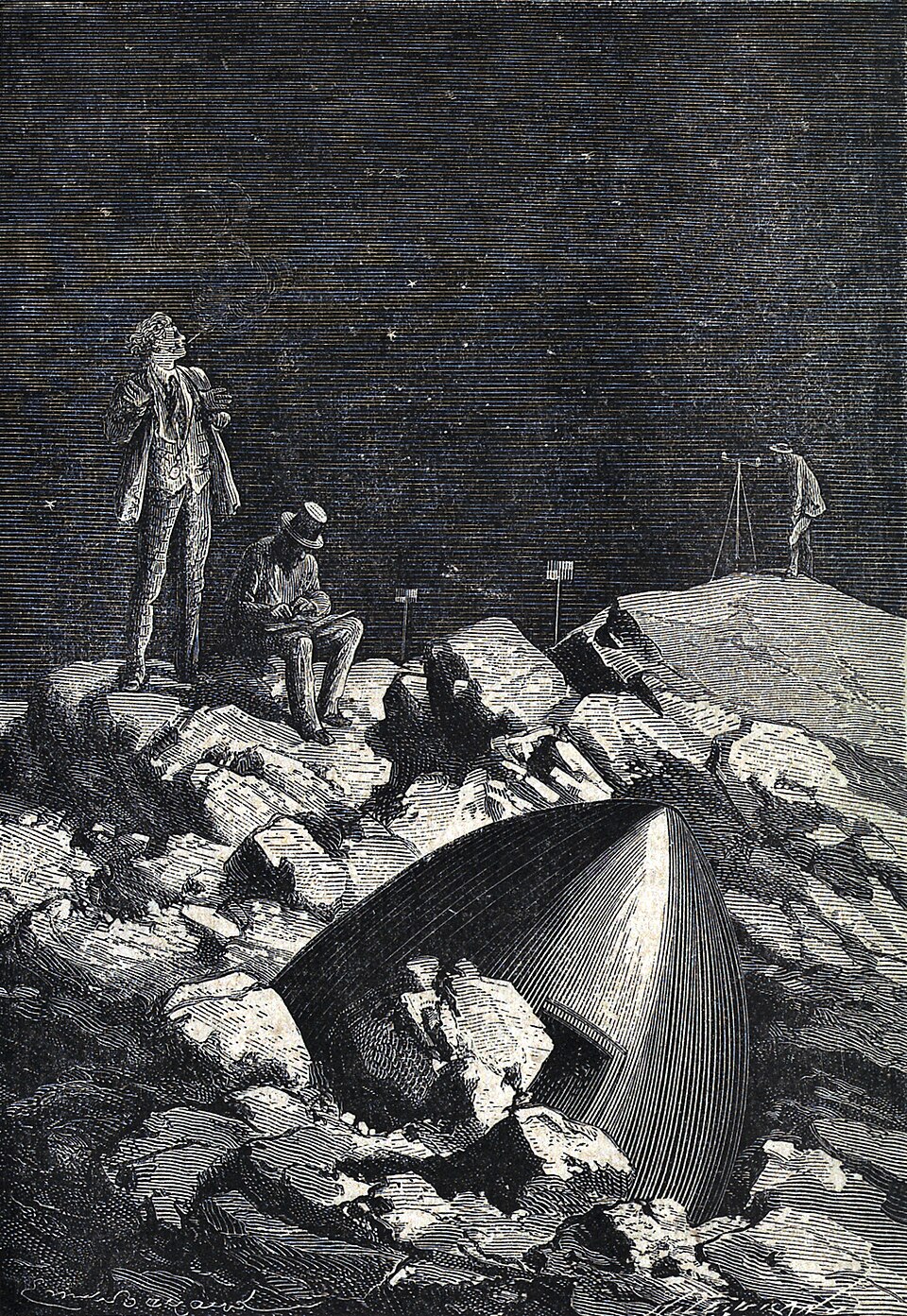 Ilustrações de 1869 "Ao redor da lua" de Júlio Verne, desenhado por Émile-Antoine Bayard e Alphonse de Neuville.
