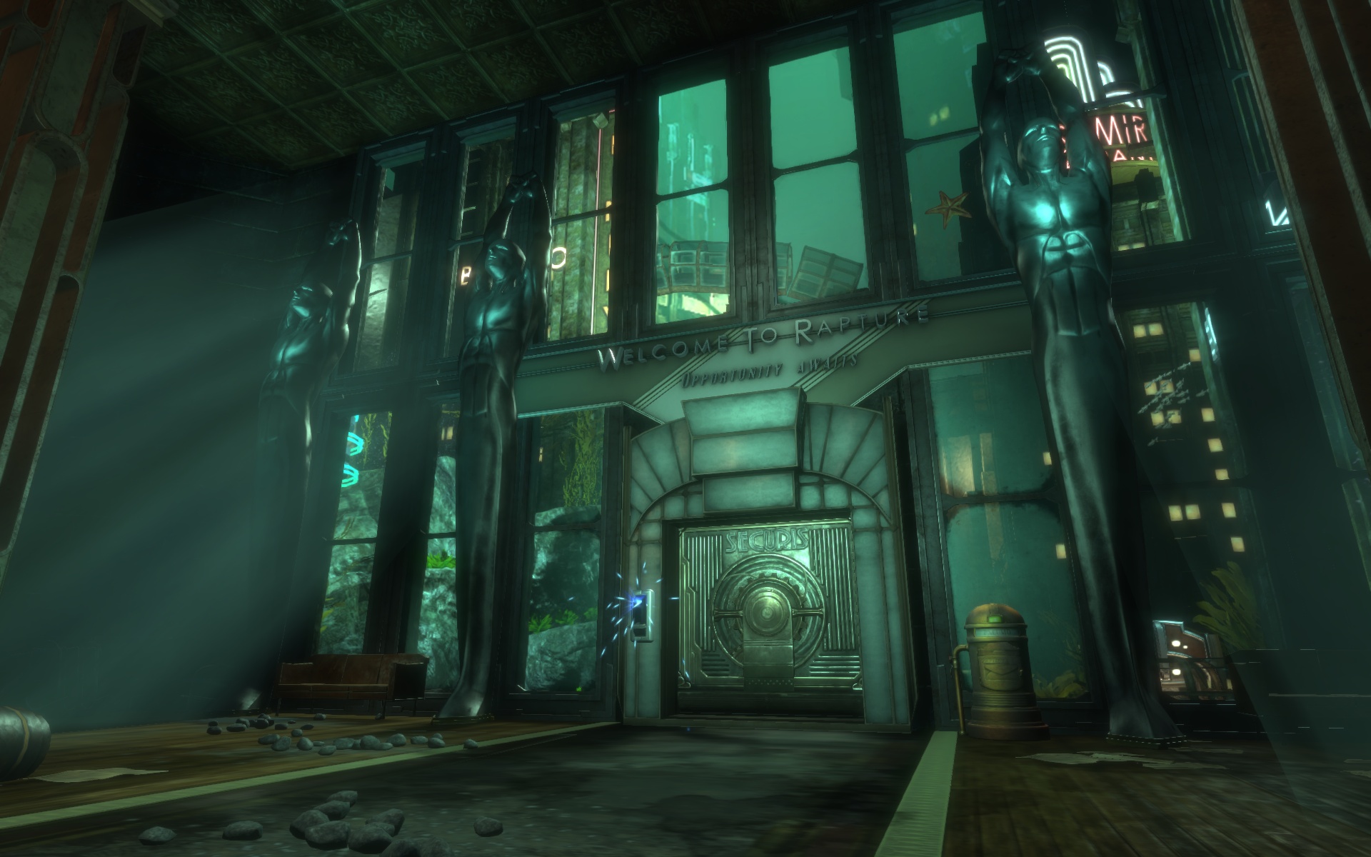 Pintu merek Bioshock Securis di kota Rapture