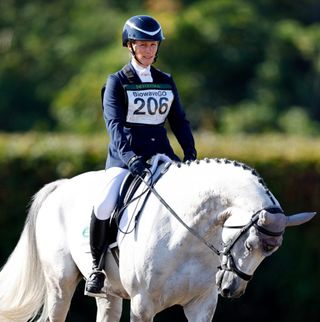 Zara Tindall warms up on her horse 'Classicals Euro Star' before competing in the dressage phase of the 2022 Festival of British Eventing at Gatcombe Park on August 6, 2022 in Stroud, England.
