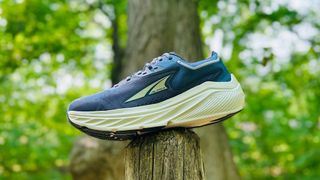 Altra Via Olympus zero-drop running shoe perched on a fence post