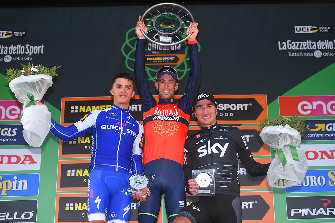 Julian Alaphilippe, Vincenzo Nibali and Gianni Moscon on the Il Lombardia podium