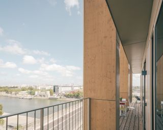 Wood Up wooden architecture wooden tower lattice facade, block construction in the Parisian landscape