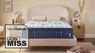 A Stearns & Foster Estate mattress with a pillow-top on a bed frame, with a TechRadar deals graphic
