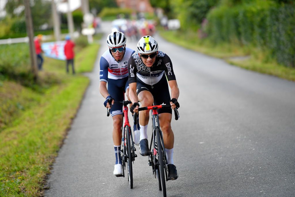 TOURNAI BELGIUM SEPTEMBER 29 LR Alex Kirsch of Luxembourg and Team Trek Segafredo and Dimitri Claeys of Belgium and Team Qhubeka Nexthash compete in the breakaway during the 80th Euromtropole Tour 2021 a 1776km race from La Louvire to Tournai Eurometrotour on September 29 2021 in Tournai Belgium Photo by Luc ClaessenGetty Images