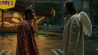 Arj (Aziz Ansari) speaks to Gabriel (Keanu Reeves) in Good Fortune