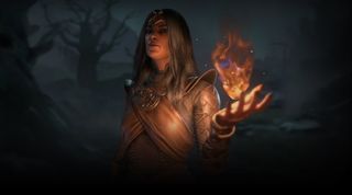 Diablo 4 - A sorceress holding a flame in hand