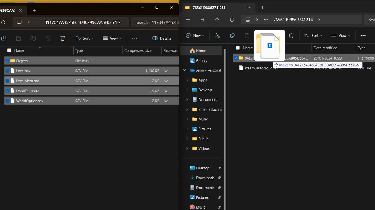 Dragging and dropping Palworld save data from Xbox to Steam