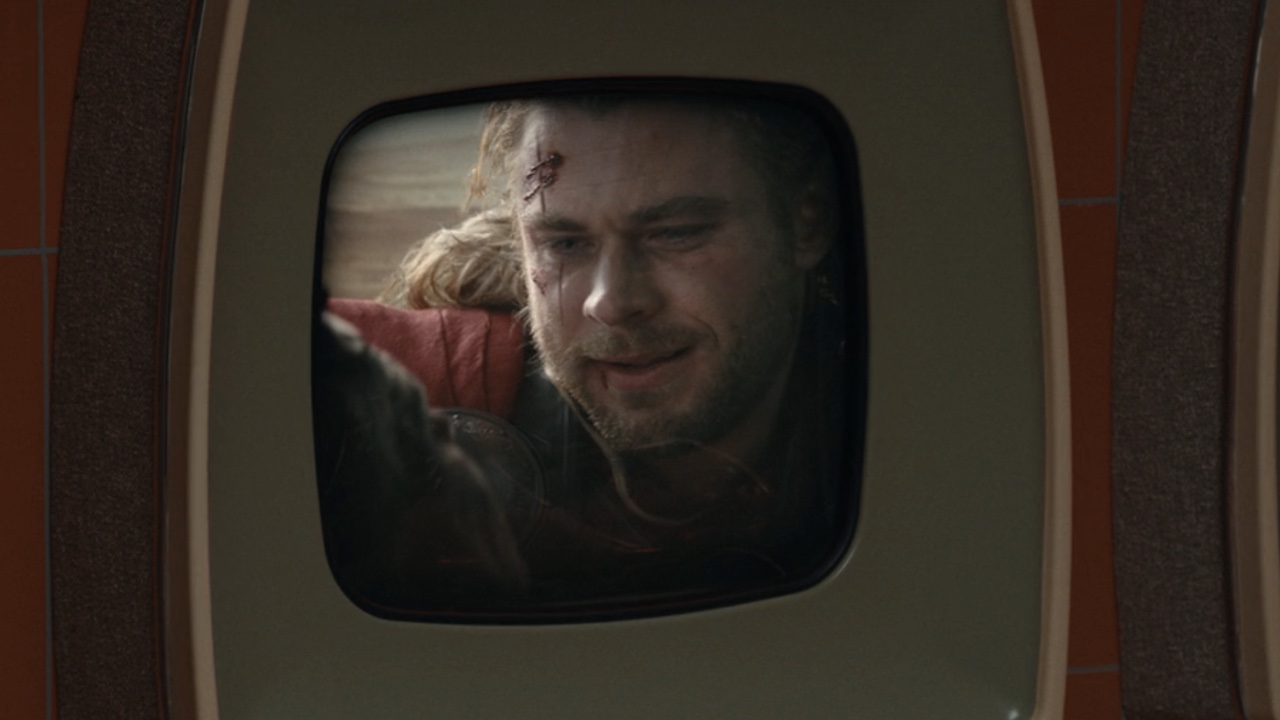 Thor crying on a screen in Deadpool 3.
