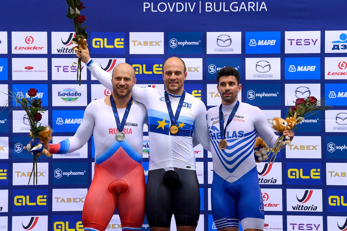 2020 UEC Track European Championships Plovdiv 4th Day 14112020 Keirin Men Maximilian Levy Germany Denis Dmitriev Russian Federation Sotirios Breta Greece photo Dario BelingheriBettiniPhoto2020