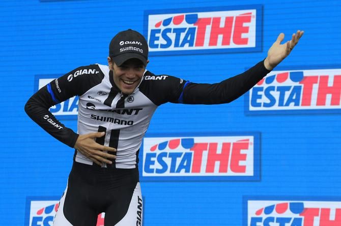 Luka Mezgec (Giant-Shimano) takes a bow after winning the final stage of the Giro d'Italia