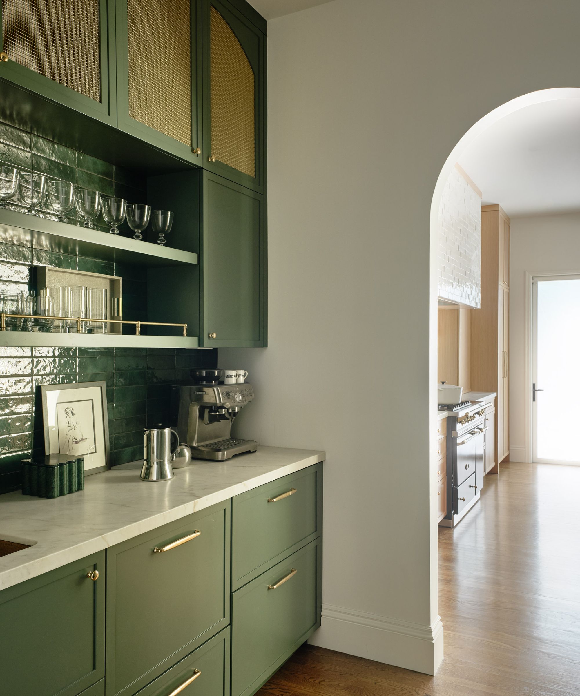 back kitchen green cabinets and tiles