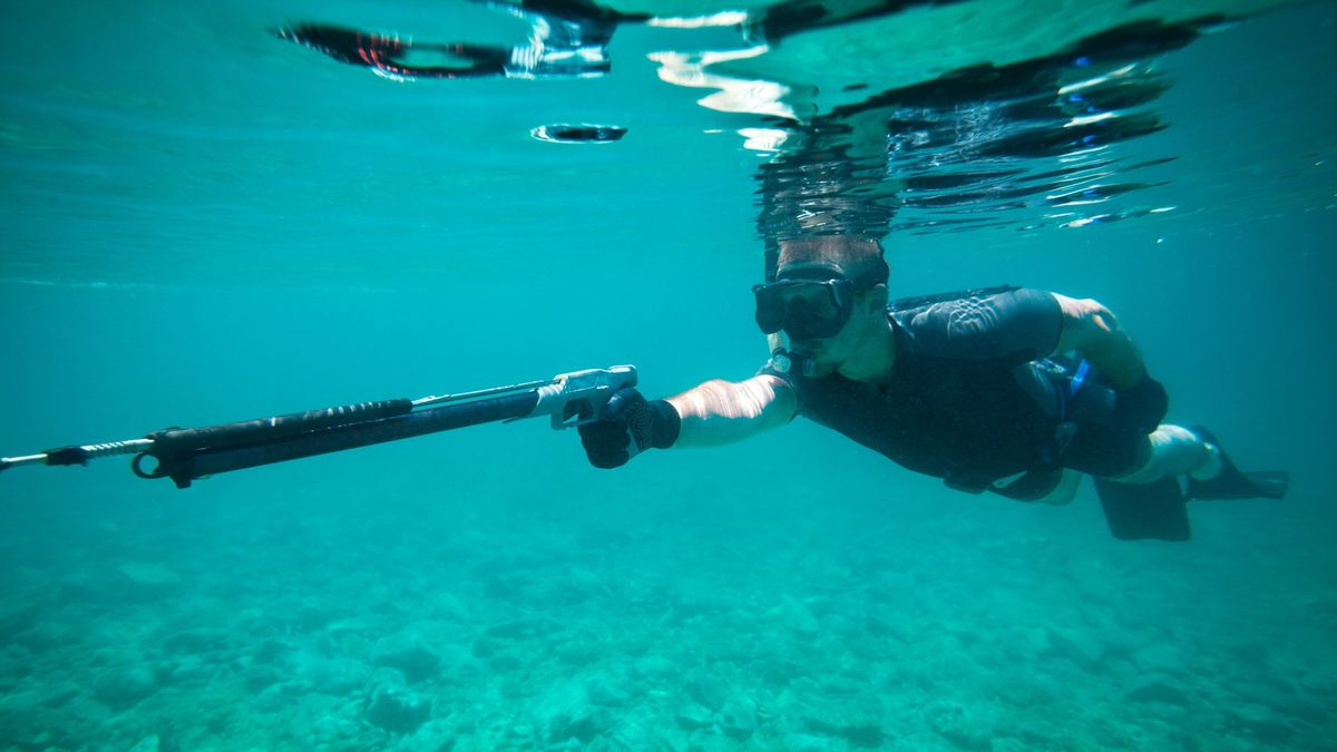 Man fishing underwater with a speargun