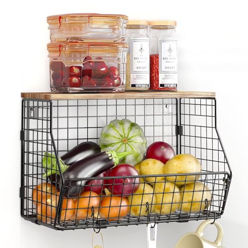 Weldun Fruit Basket Metal, Kitchen Hanging Fruit Bowl With Banana Hanger, Kitchen Countertop Rack, Wall Mounted Storage Baskets for Vegetables, Fruit, Bread
