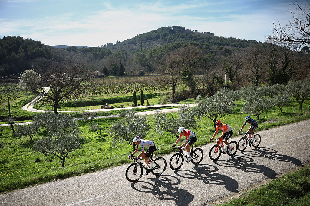 (From L) UAE Team Emirates - XRG's Spanish rider Igor Arrieta, Tudor Pro Cycling Team's Luxembourgish rider Arthur Kluckers, INEOS Grenadiers' British rider Joshua Tarling and Soudal Quick-Step's Belgian rider Steff Cras ride in a breakaway during the 6th stage of the Paris-Nice cycling race, 179.3 km between Barbentane and Apt, on March 13, 2026. (Photo by Anne-Christine POUJOULAT / AFP)