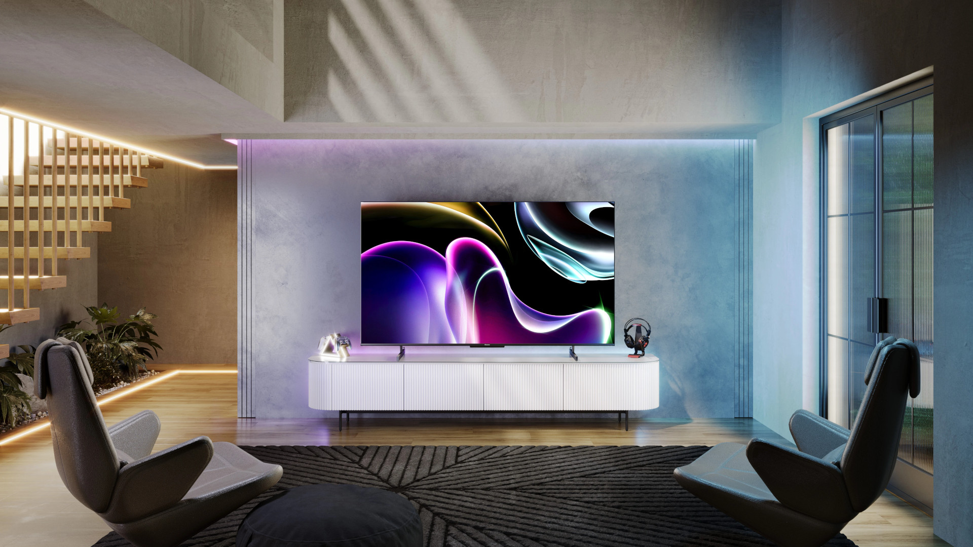 Hisense U8K Mini-LED TV on stand in living room