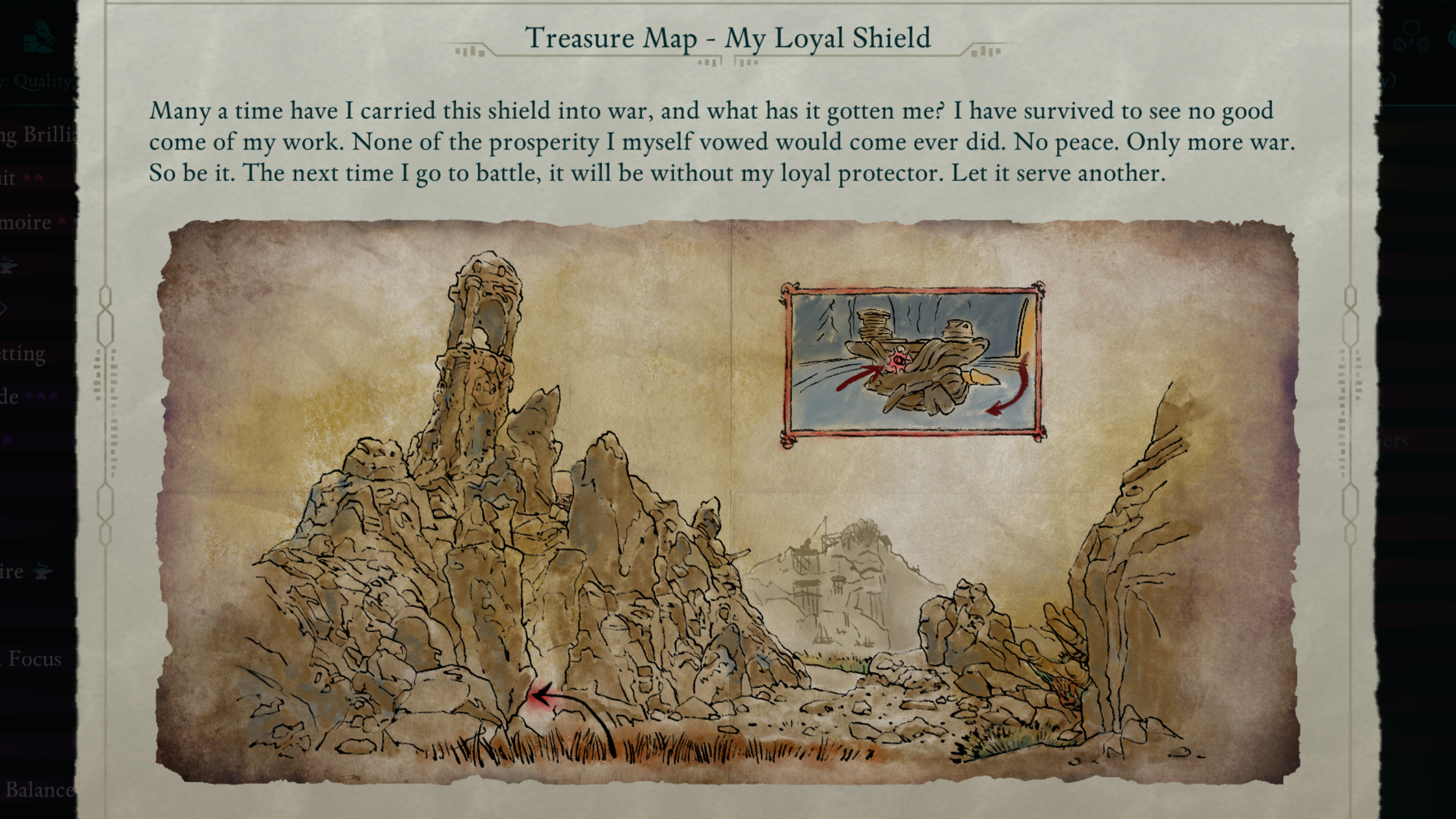 Avowed treasure maps - The clue page shows a painted map for My Loyal Shield.