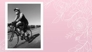 Jules Gallagher cycling on pink background with floral illustration