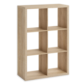 A wooden storage shelving unit for cubes and baskets