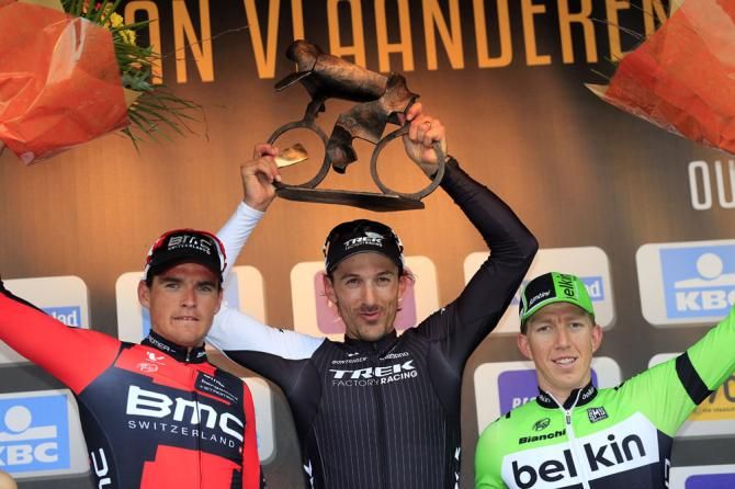 The final podium at Flanders with Van Avermaet, Cancellara and Vanmarcke