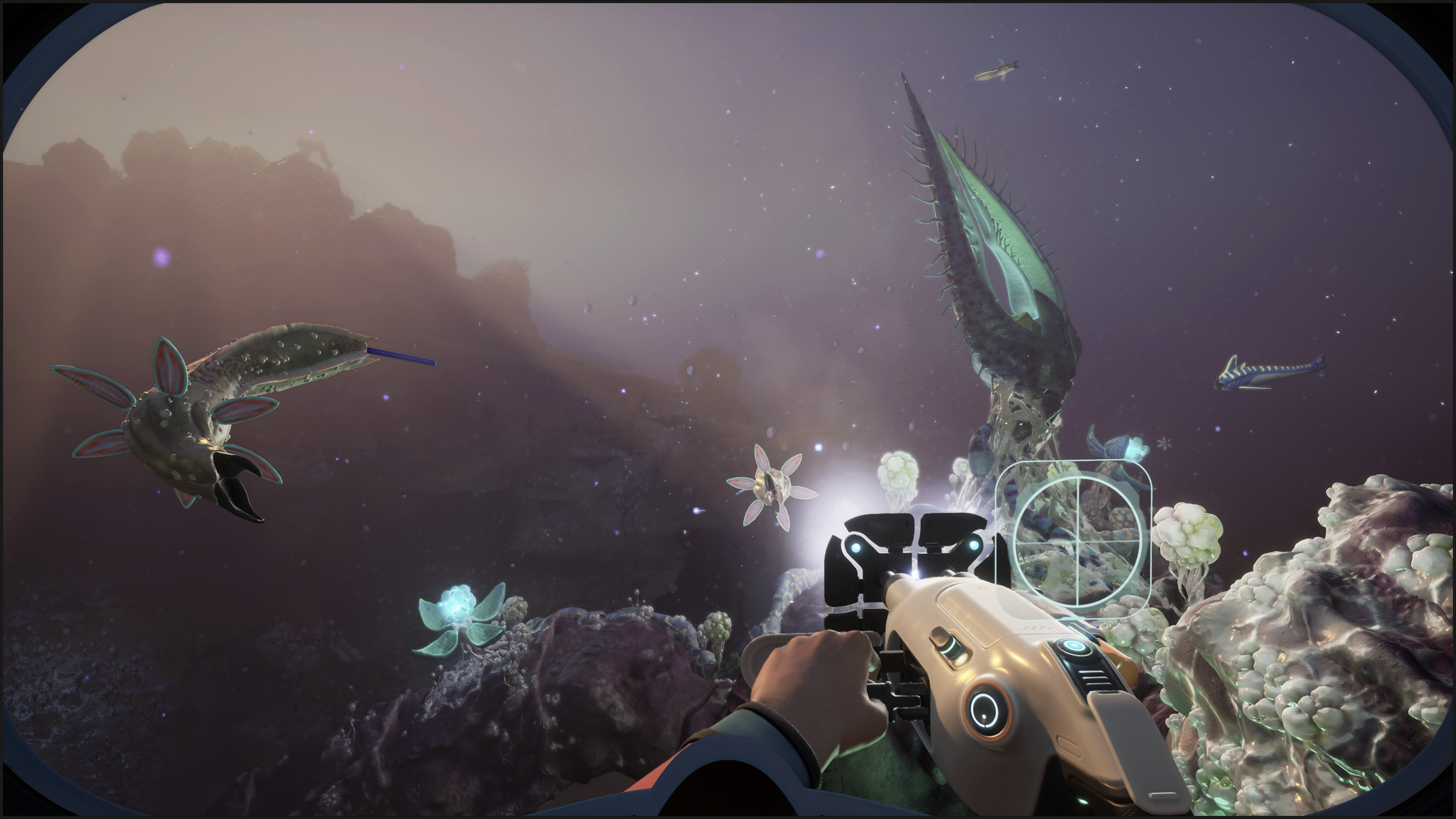 A player swimming through a blighted region in Subnautica 2.