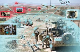 Concept image of a future battlefield featuring drones and autonomous vehicles