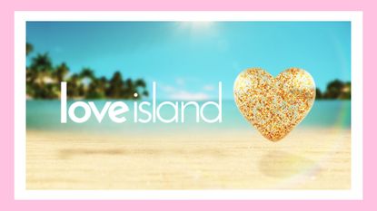 The Love Island logo depicting a heart and 'love Island' name against a sandy beach backdrop - used for a piece on 'when does Love Island start?'/ in a pink template
