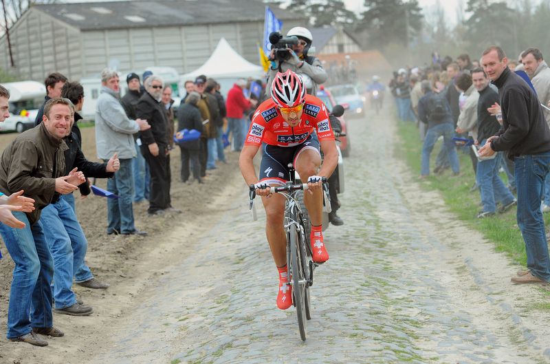 Fabian Cancellara rides solo over the cobbles in 2010