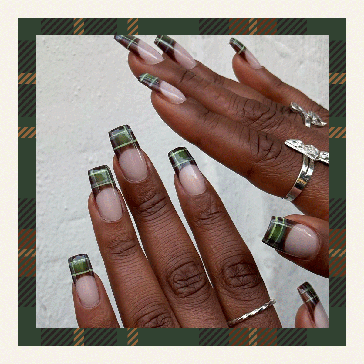 Images of argyle and plaid-patterned nails by Milan-based nail artist Oksana Zavora and a plaid set by celebrity manicurist Zola Ganzorigt on Kylie Jenner.